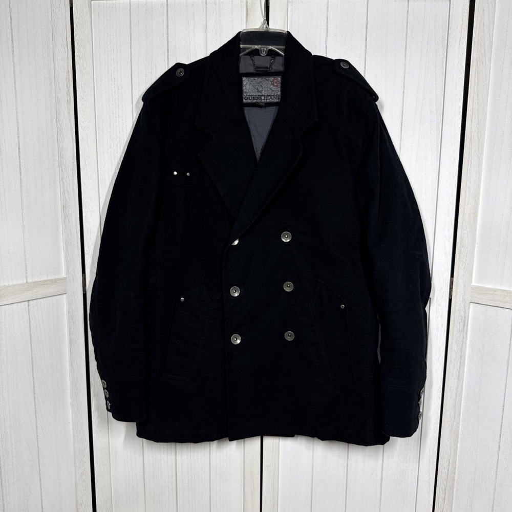 Vtg GUESS Mens Sz L Black Military Jacket Denim Jean Double Breasted Pea Coat